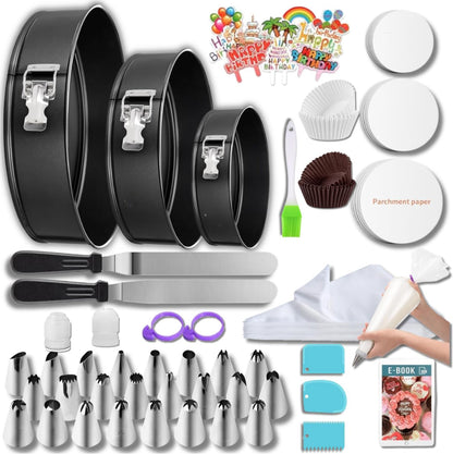 Easynzery 168pcs Cake Pan Sets for Baking + Cake Decorating Supplies: 3 Non-Stick Springform Pans Set (6, 8, 10 inches), Icing Tips – Multi-functional Leak-Proof CheeseCake Pan