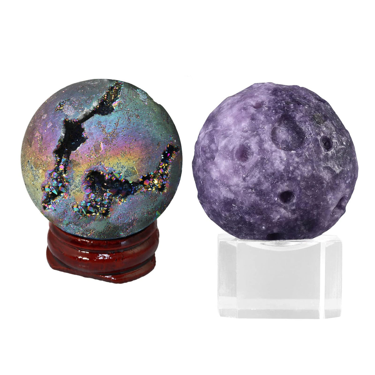 SUNYIK Pack of 2 Rainbow Titanium Coated Druzy Geode Sphere Ball Sculpture & Natural Rose Quartz rystal Ball with Stand