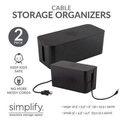 Simplify 2 Pack Cable Organizer Box | Multi-sized | Hidden Storage with Lid | Chargers & Wires | Computer & TV Cords | Black