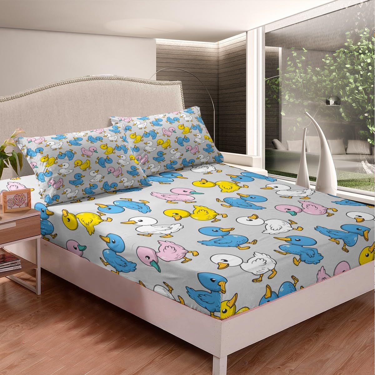 Erosebridal Cartoon Duck Bed Sheets for Kids Boys Girls,Colorful Lovely Duck Sheet Set,Cute Hand Drawn Goose Bedding Set Full,Lovely Farmhouse Animal Fitted Sheet + Flat Sheet + 2 Pillow Shams