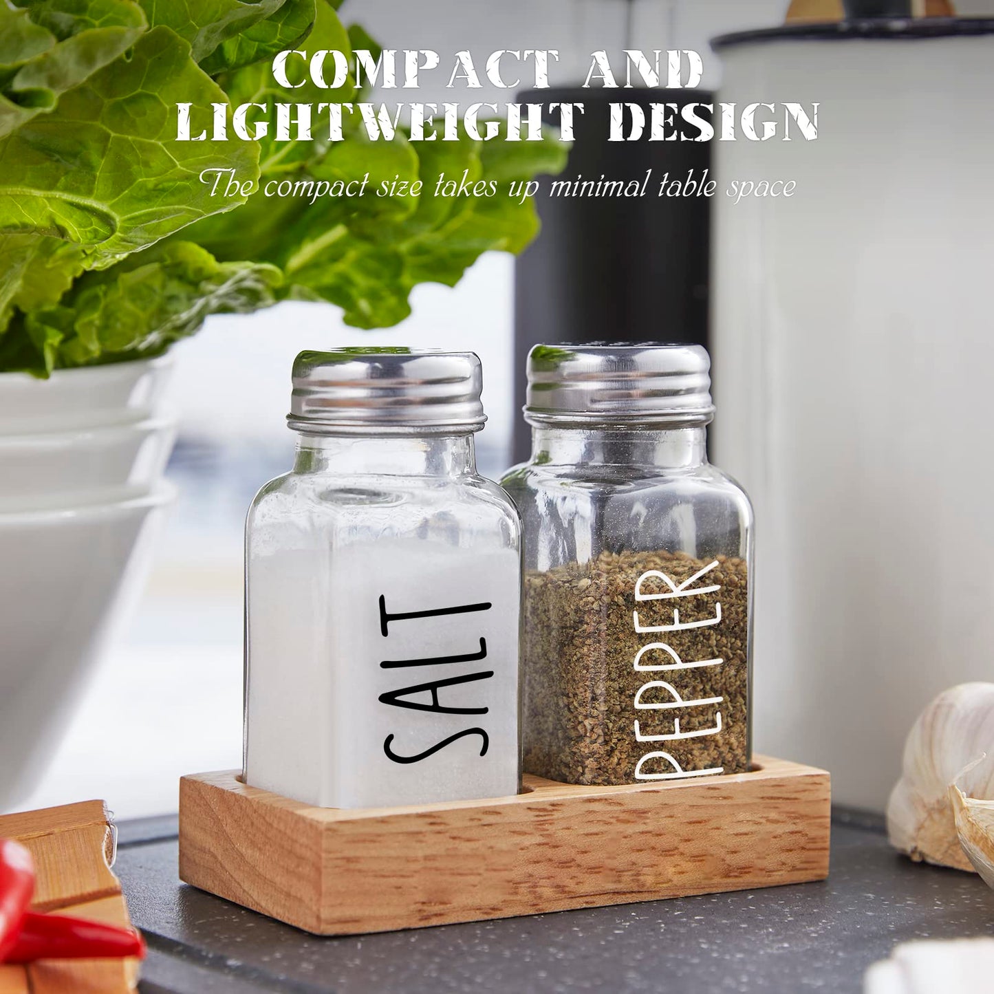 Glass Salt and Pepper Shakers with Holder - Dopeca Clear Salt and Pepper Set with Wood Caddy for Kitchen Counter or Table - Kitchen Decor and Accessories for Wedding Gifts - Easy Refilling-2.7 oz