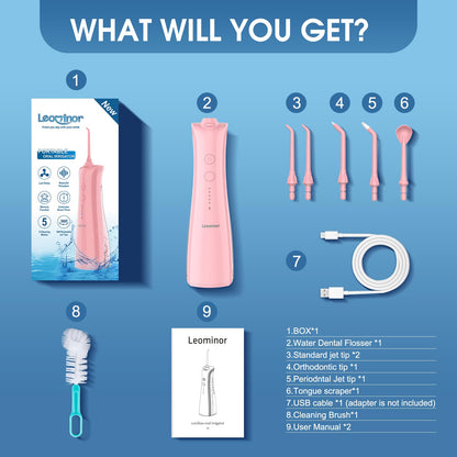 Leominor Water Dental Flosser - 5 Modes Cordless Portable Oral Irrigator, IPX7 Waterproof, Rechargeable Teeth Cleaner Upgrade Datchable Tank Professional Flossing Cleaning Pick for Home Travel (Black)