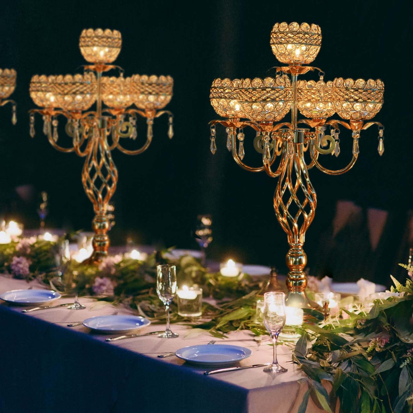 Elegant 5-Arm Candelabra Centerpiece with Crystal Pendants - 23.6 Inch Tall Table Centerpiece for Weddings, Parties, Home Decor for Mother’s Day, Holidays & Special Occasions (1, Gold)