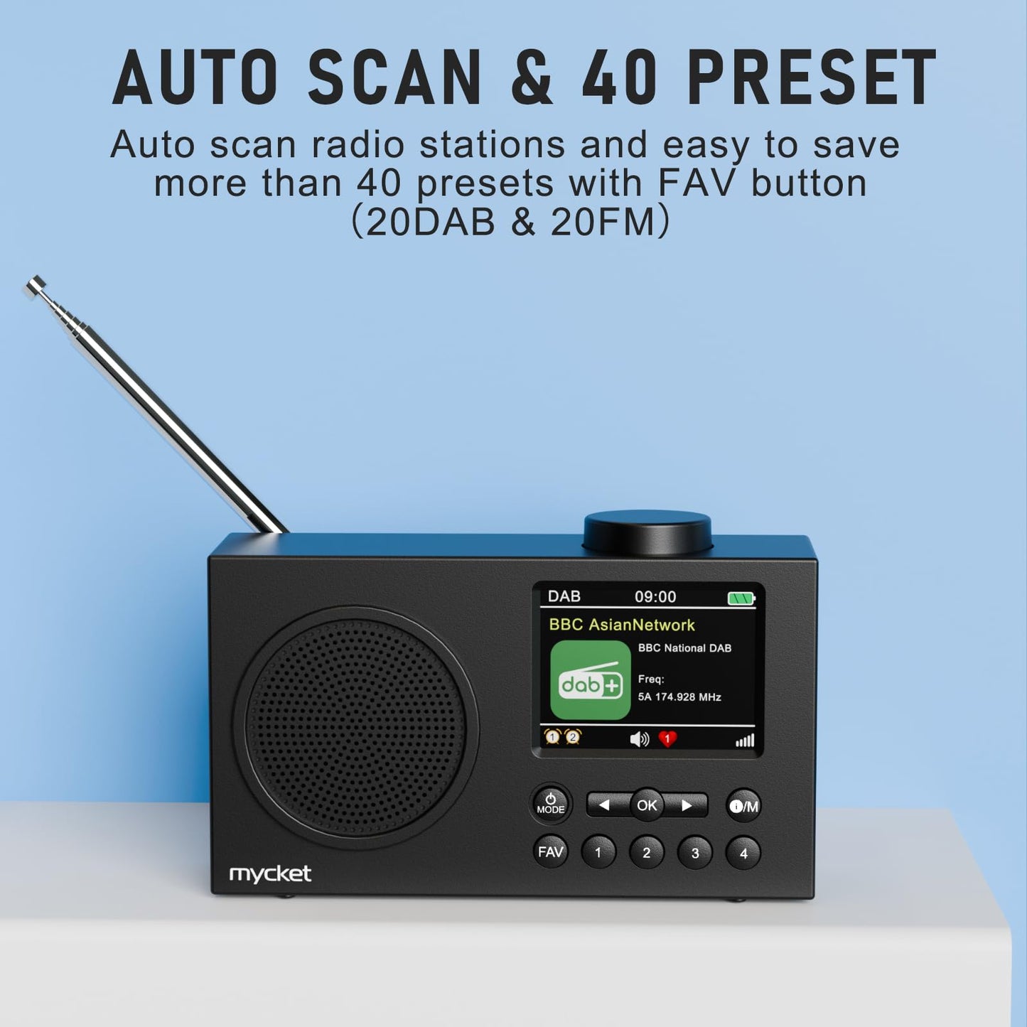 Mycket DAB Radio Portable, DAB Plus Digital Radios with Bluetooth, USB Rechargeable FM Radios, Battery Powered Small Radio,Dual Alarms Clock,Sleep Timer, 40 Presets Stations, 2.4" Large Colour Display