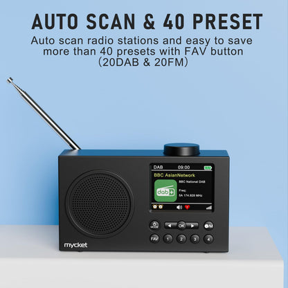 Mycket DAB Radio Portable, DAB Plus Digital Radios with Bluetooth, USB Rechargeable FM Radios, Battery Powered Small Radio,Dual Alarms Clock,Sleep Timer, 40 Presets Stations, 2.4" Large Colour Display