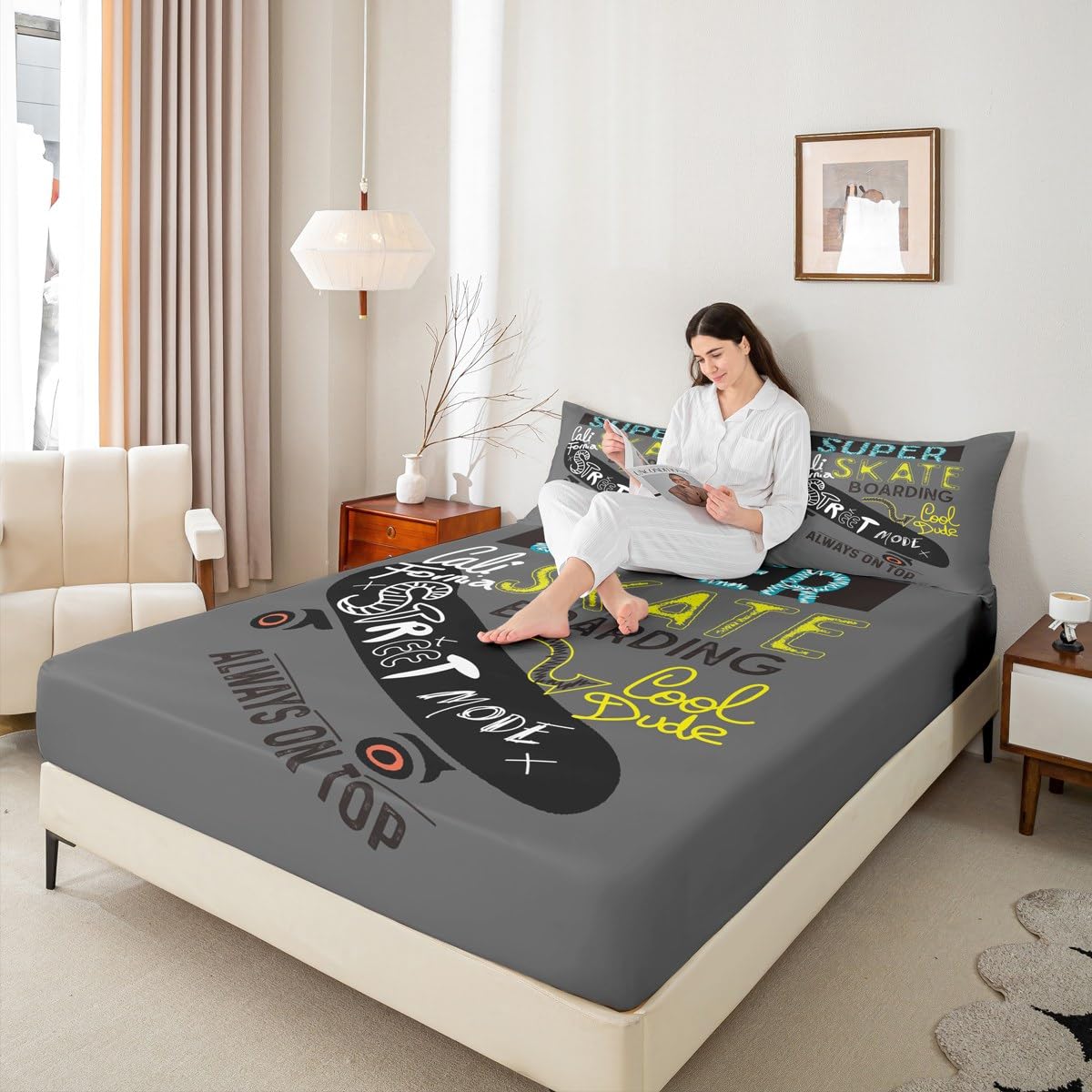 Feelyou Youth Skateboard Bedding Set Kids Extreme Sports Theme Bed Sheet Set Boys Teens Hipster Fitted Sheet Hip Hop Street Culture Bed Cover,Room Decor 3Pcs Sheets Full Size,Gray