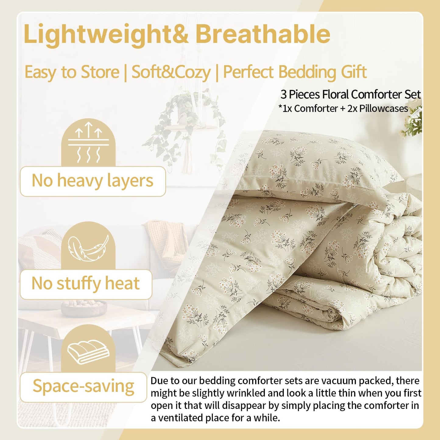 EAVD Boho Floral Comforter Set Queen Soft Washed Microfiber Garden Beige Floral Bedding Queen Comforter Set Reversible Botanical Bedding Set with 2 Pillowcases