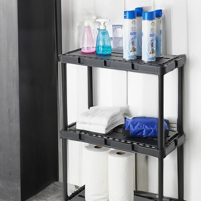 Gracious Living 3 Shelf Knect-A-Shelf Solid Light Duty Storage Unit 12 x 24 x 33" Organizer for Home, Garage, Basement & Laundry, Black