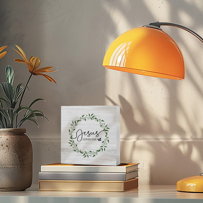 JUIOEIU Christian Desk Decor, Jesus Loves You Bible Verse Wooden Box Sign, Christian Gifts for Women Men, Religious Wood Block Box for Home Bedroom Office Church Desk Shelf Table Decor, 5x5 Inch