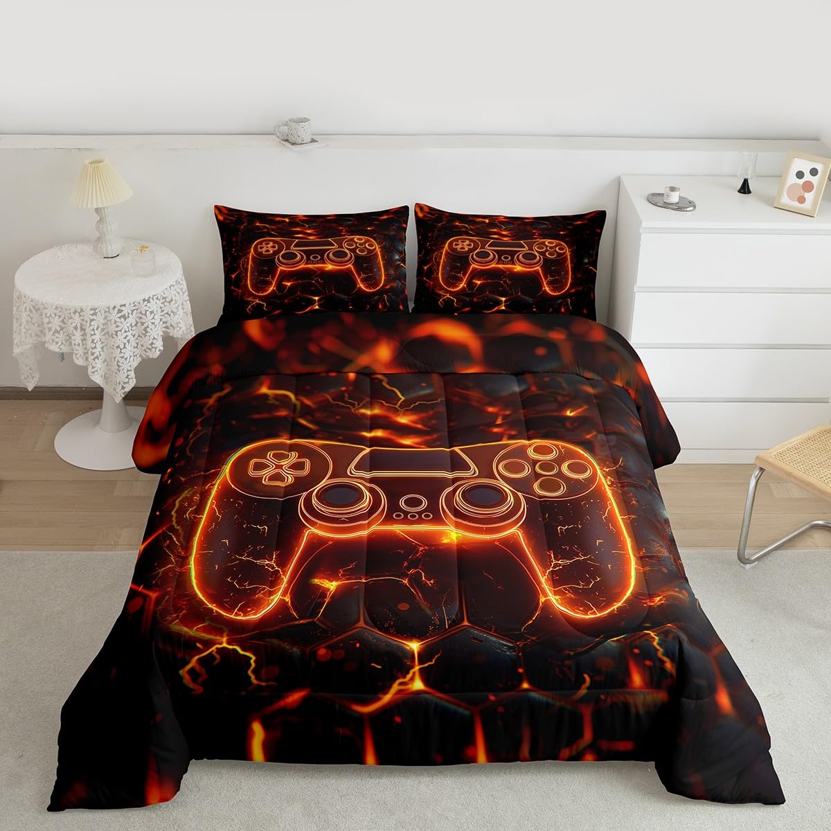 Manfei Gaming Gamepad Kids Comforter Set Twin Size,Modern Video Games Controller Bedding Set,Boys Men Room Decor,Neon Geomotric Honeycomb Hexagon Down Comforter,Black Orange Duvet Insert,1 Pillowcase