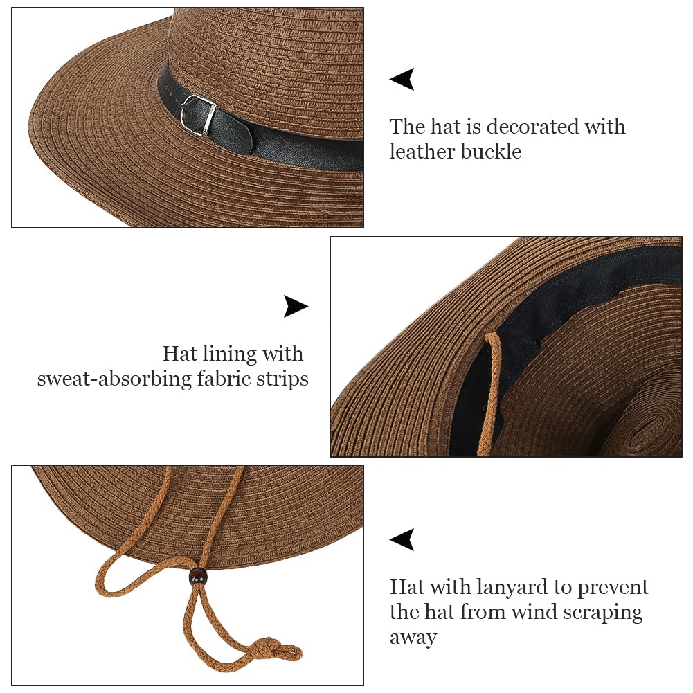 Straw Cowboy Hat for Women Men Classic Western Cowgirl Cap Foldable Sunhat Shapeable Fedora Panama Cap Wide Brim Beach Hat Coffee