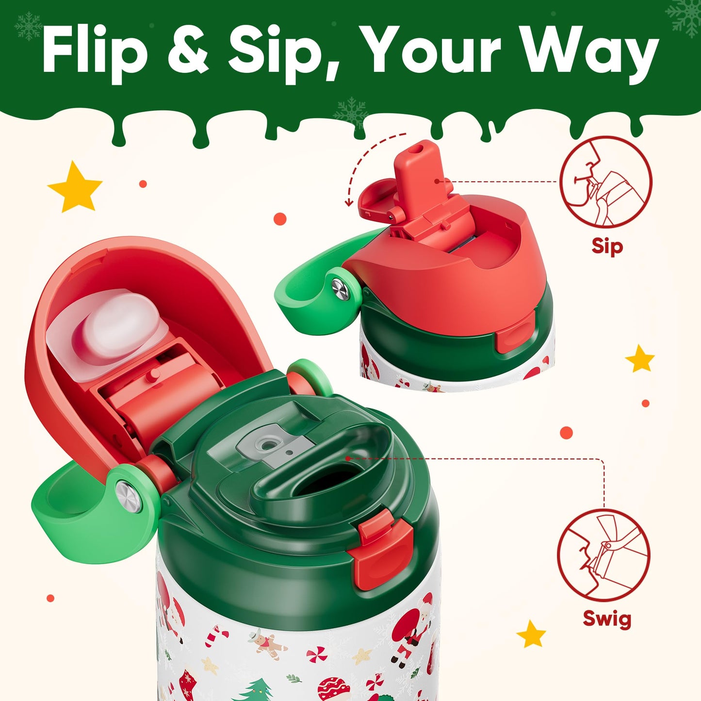 Christmas Insulated Water Bottle with Straw - Leak Proof Stainless Steel Water Bottle for School, Travel, Keeps Cold All Day, One-Touch Flip Lid, Holiday Gifts For Women Men, 24 oz, Santa Parade