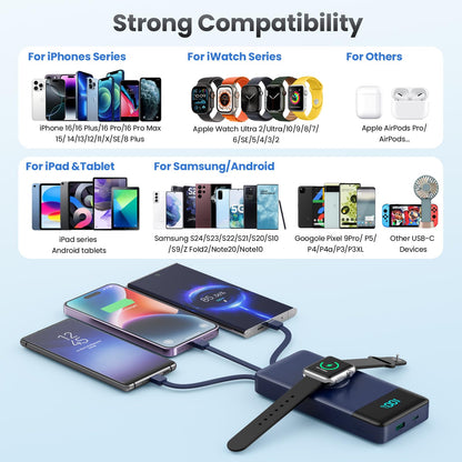Wireless Portable Charger 40800mAh with 3 Built-in Cables,7-in-1 15W Wireless Charging Power Bank,25W PD QC 4.0 Fast Charging USB C LCD Display Battery Pack for iPhone 17/16/15/13,Samsung,Android etc