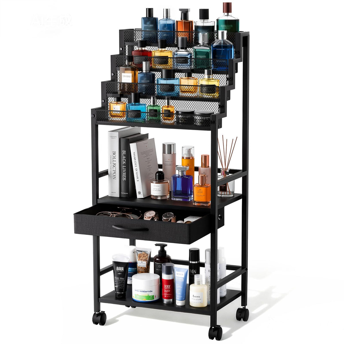 4-Tier Men's Cologne & Accessory Organizer with Drawer & Wheels, Sleek Industrial Wooden & Metal Perfume Display Rack for Cologne Bottles, Aftershave & Grooming Essentials, Multi-Functional Fragrance Storage Stand, Black