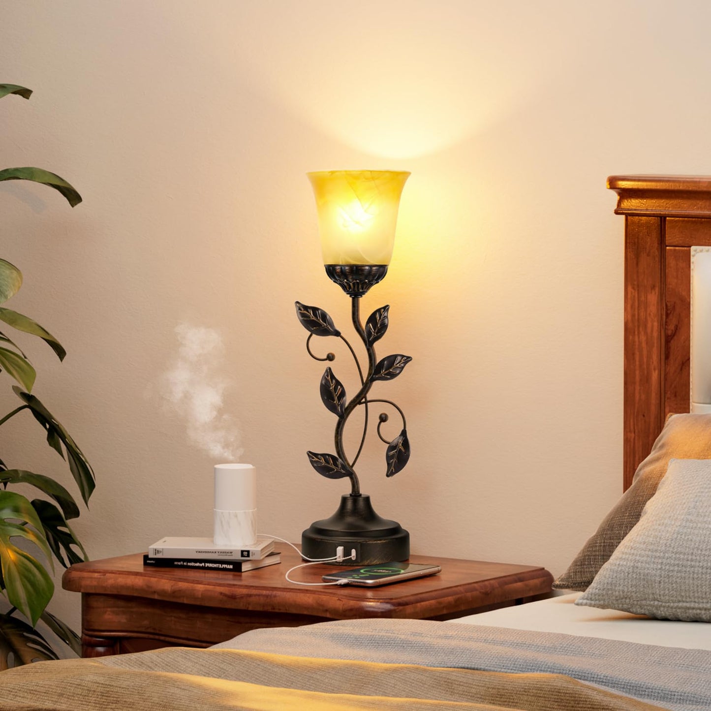 Kakanuo Touch Table Lamp Bedside Lamp Nightst Lamp USB Charging Ports for Living Room 3 Way Dimmable Traditional Leaf Lamp Retro Table Lamp for Bedroom Amber Glass Lampshade LED Bulb Included)