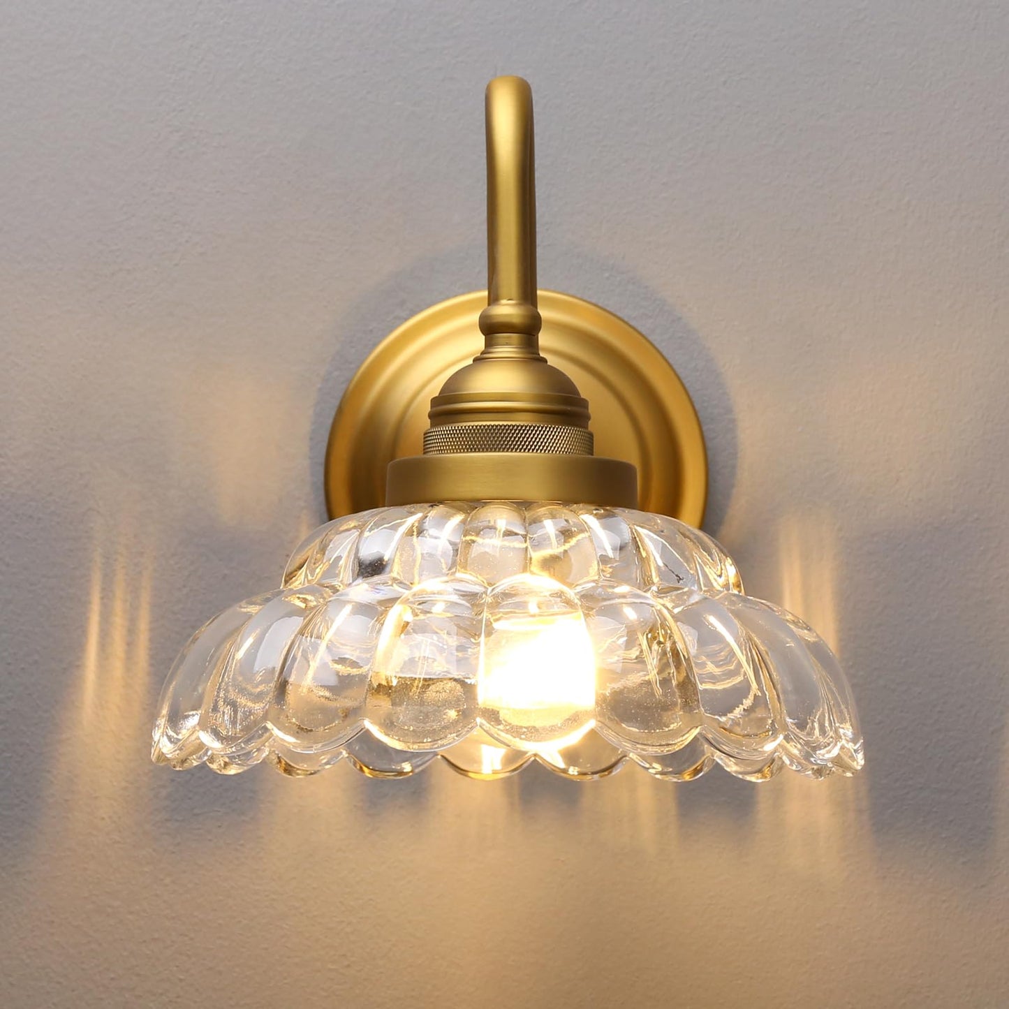 PERMO Vintage Gold Wall Sconce with Clrar Lotus Glass Shade Hardwired Bathroom Vanity Light for Mirror, Bedroom & Hallway