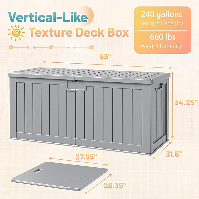 Patiowell 240 Gallon Large Outdoor Storage Box, Waterproof Deck Box with Fixed Divider, Lockable and Durable Patio Storage Solution for Patio Furniture and Garden Tools (Grey)
