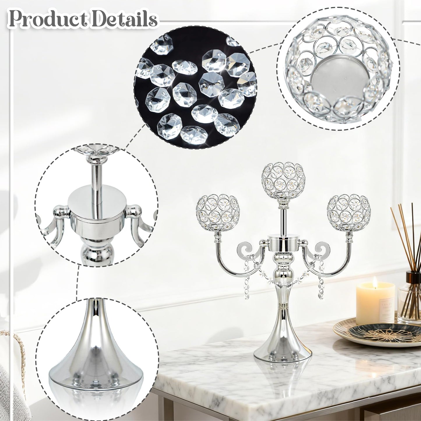 3-Arm Metal Candelabra with Crystal Bowls, Tealight Holder Centerpiece for Birthday, Dining Table, Party Decor, Christmas and Home Decoration (2, Silver)