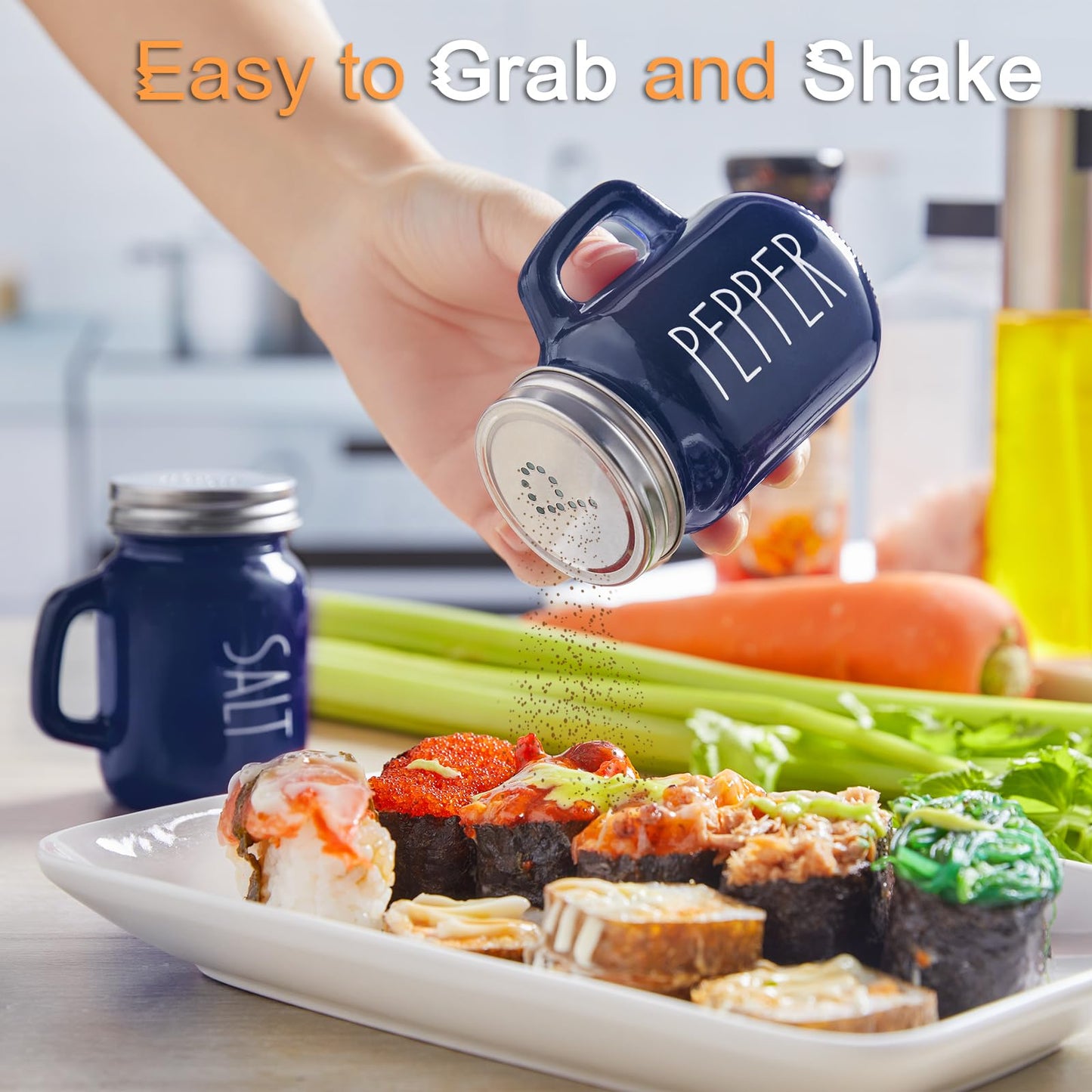 Navy Blue Salt and Pepper Shakers Set, 4 oz Cute Modern Glass Shaker Sets with Stainless Steel Lids, Blue Kitchen Decor and Accessories for Home Restaurants Weddings