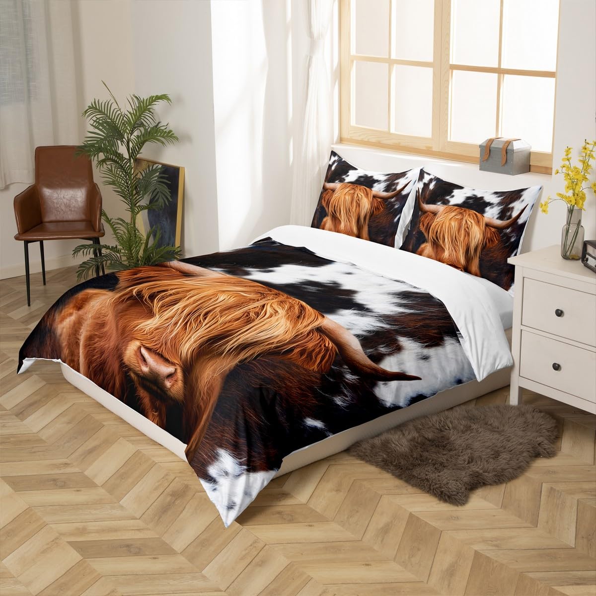 Highland Cattle Duvet Cover Set Queen,Cow Fur Bedding Set 3pcs for Kids Teens Boys Girls Room Decor, Farmhouse Animals Cowhide Comforter Cover Black White Brown Rustic Quilt Cover with 2 Pillowcases