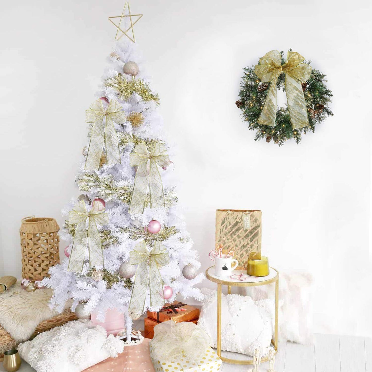 MEEDEE Gold and White Ribbon for Christmas Trees - 2.5 Inch, 6 Rolls, 36 Yards - Gold Wire Mesh Ribbon for Wreaths and Tree Decoration
