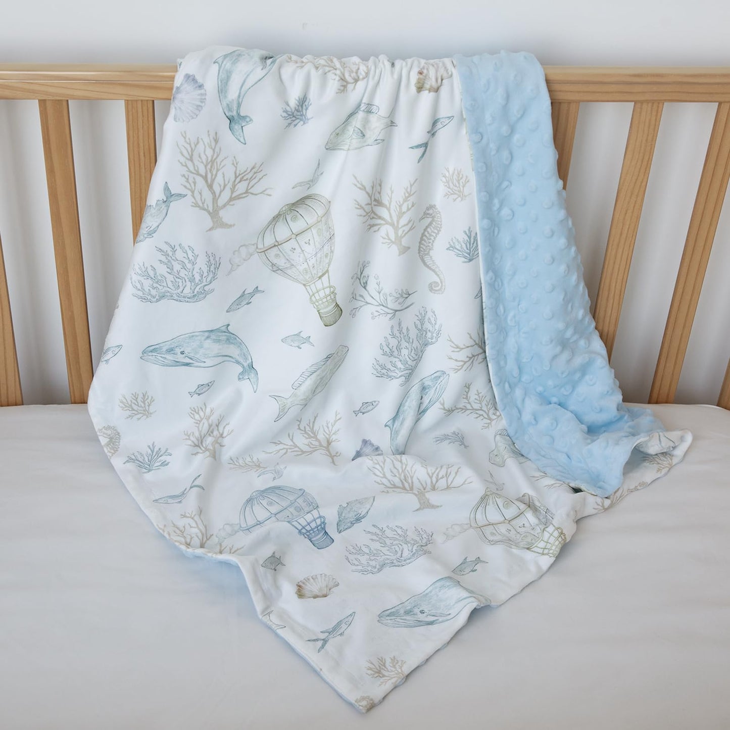 CIVARUA KIDS Whale Baby Fleece Blanket Neutral for Boys Girls, Soft Kid Throw Minky Blanket Double Layer with Dotted Backing, 30 x 40 Inch Blue Whale Hot-air Balloon Print