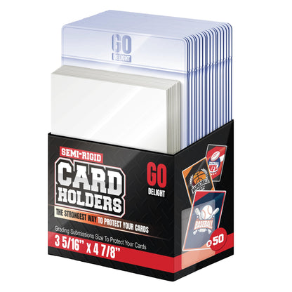 Semi Rigid Card Holders for PSA, SGC, BGS, CSG Grading – 100 Bundle - Baseball Card Sleeves - 50 Card Holders for Trading Cards + 50 Soft Sleeves – 3-5/16” x 4-7/8” with 1/2” Lip