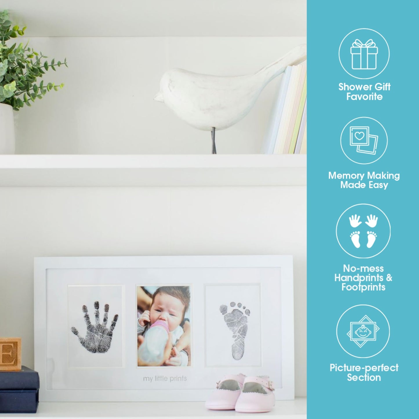 Pearhead Babyprints Newborn Baby Handprint and Footprint Photo Frame Kit with Included Safe for Baby Clean-Touch Ink Pad, White, Memorable Christening Keepsake, Gift for Any New Mum