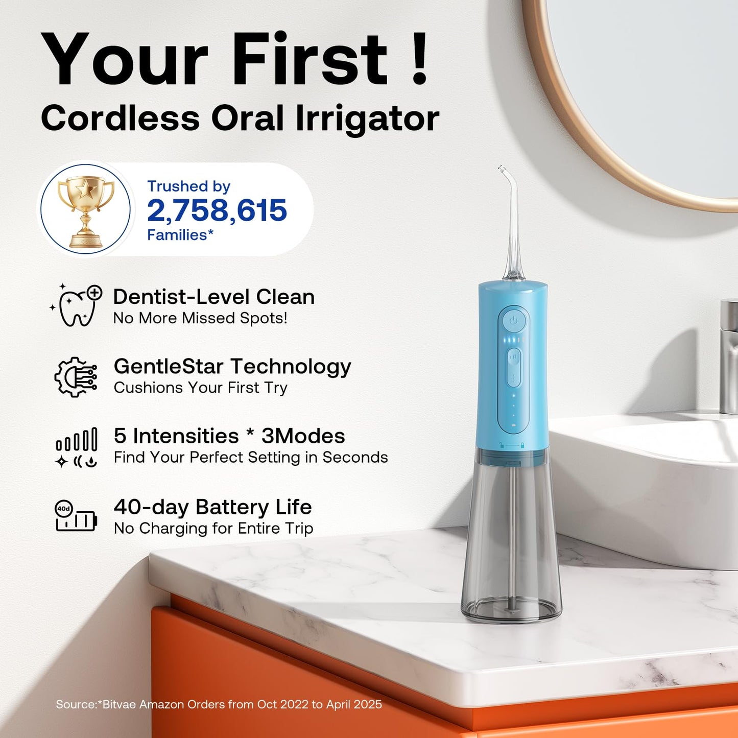 Bitvae Water Dental Flosser for Teeth, Cordless Water Teeth Cleaner Picks, 3 Modes 5 Intensities, IPX7 Waterproof, Rechargeable Water Dental Picks for Cleaning - Black