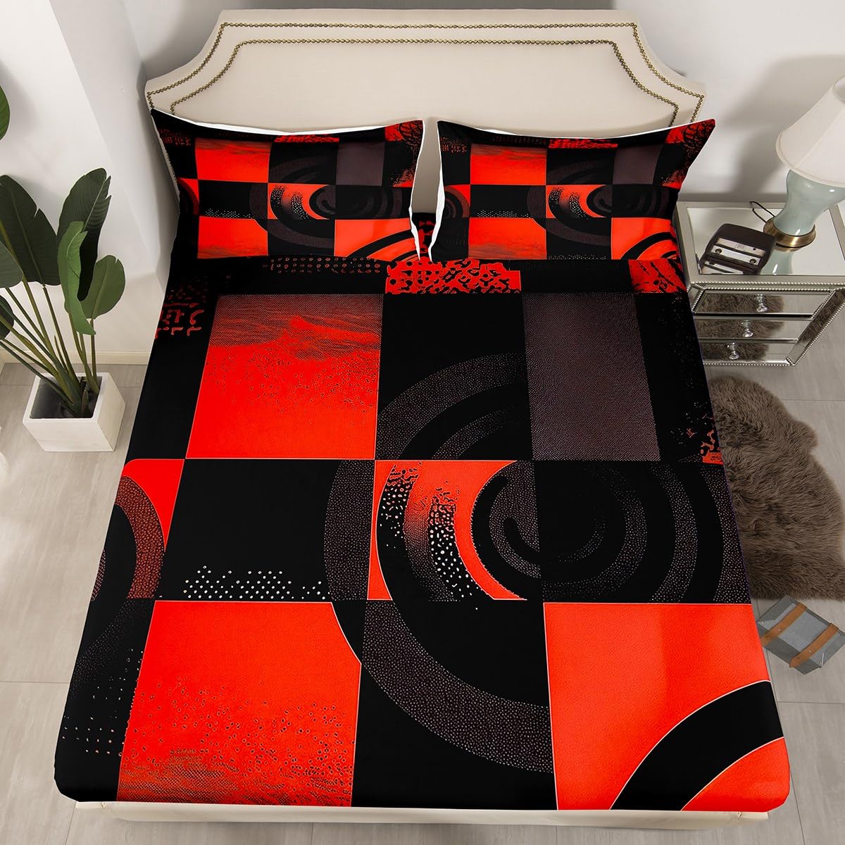 jejeloiu Black and Red Fitted Sheet with 1 Pillowcase Twin Size Abstract Bed Sheets Set 16" Deep Pocket Boys Girls Bedding Plaid Teens Bedroom Decor Breathable Soft Lightweight Microfiber