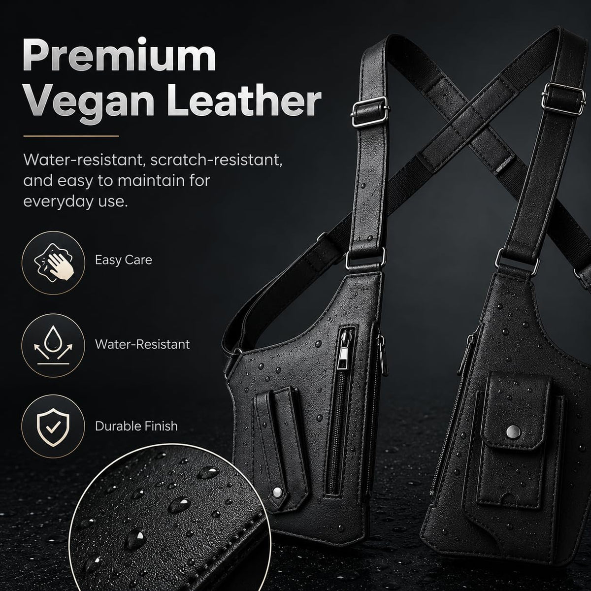 Men’s Underarm Shoulder Holster Bag Anti-Theft Crossbody Sling Bag Concealed Style EDC Pouch Adjustable Straps Multi Pocket (Vegan Leather)