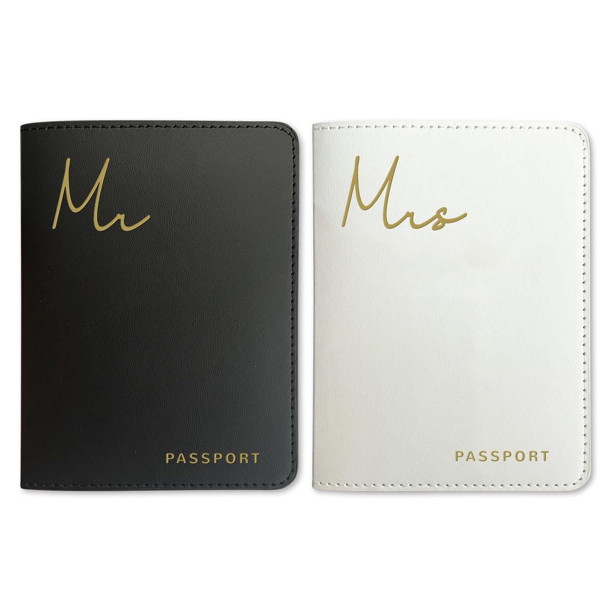 HubbyWifeyGifts Mr and Mrs Passport Holder Set, PU Leather Passport Cover with RFID Blocking, Honeymoon Essentials for Travel, Engagement Gifts for Couples
