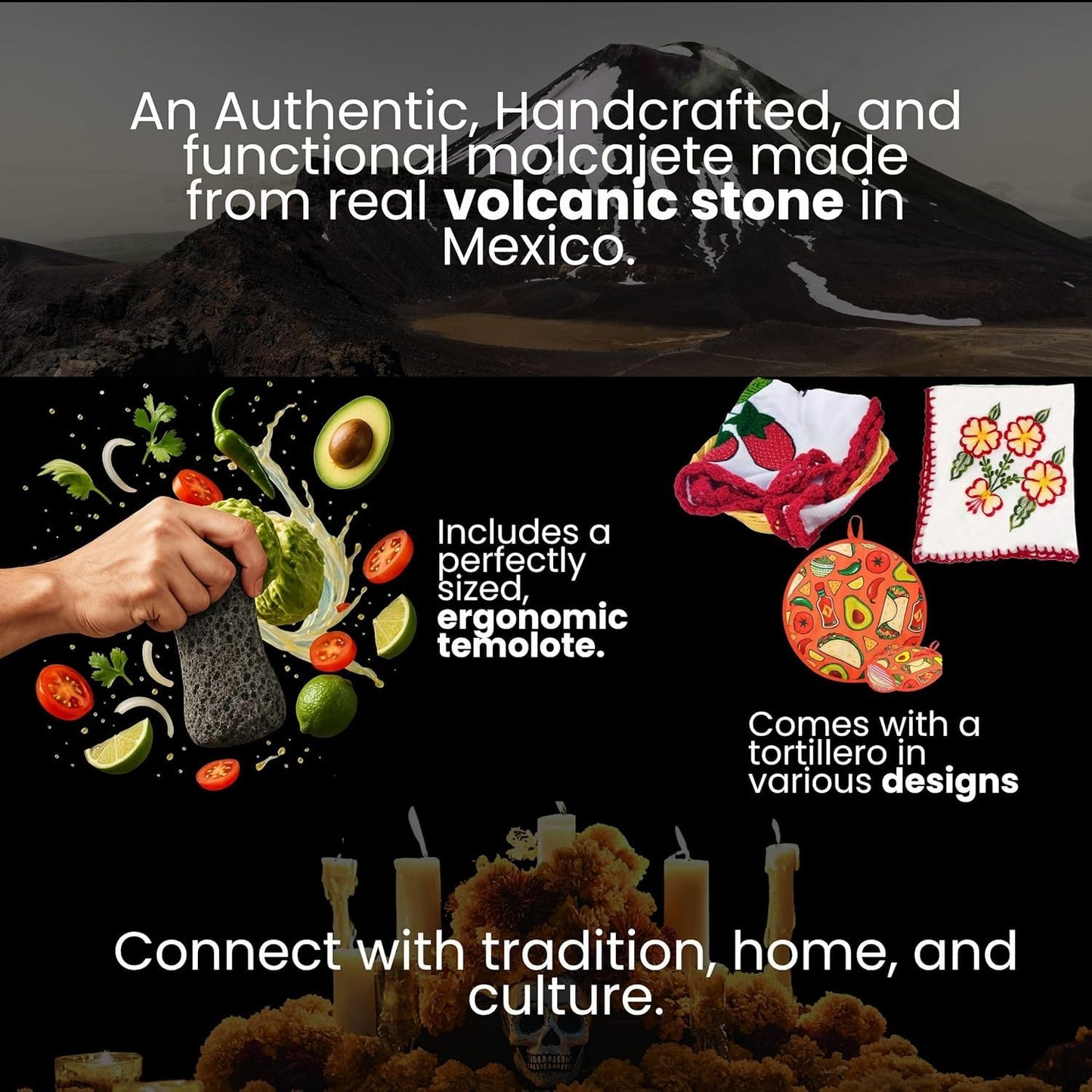 The Original Molcajete Mexicano Volcanic Rock Handmade of Authentic Lava Rock in Mexico - Molcajete de Piedra volcanica - Molcajete Mortar Pestle Bowl - Volcanic Rock Guacamole Maker