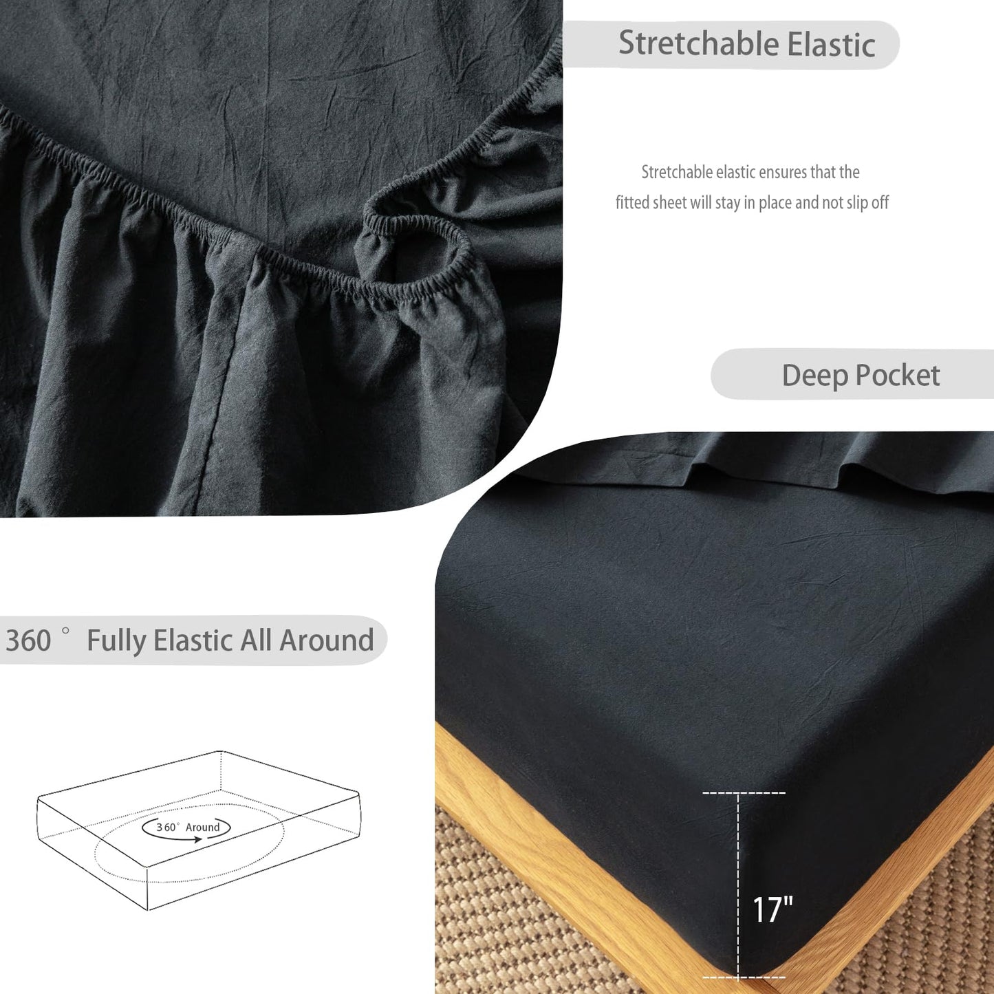 MooMee Fitted Bottom Sheet Only 100% Washed Cotton Linen Like Textured Breathable Durable Soft Comfy Deep Pocket Fits Mattress up to 17" (Black, Queen)