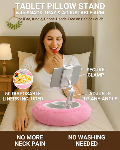 Tablet & Kindle Pillow Stand for Bed, Adjustable iPad Holder for Couch and Lap with 2 Snack Bowls, Cup Holder, 50 Disposable Liners and Washable Cover, Pink