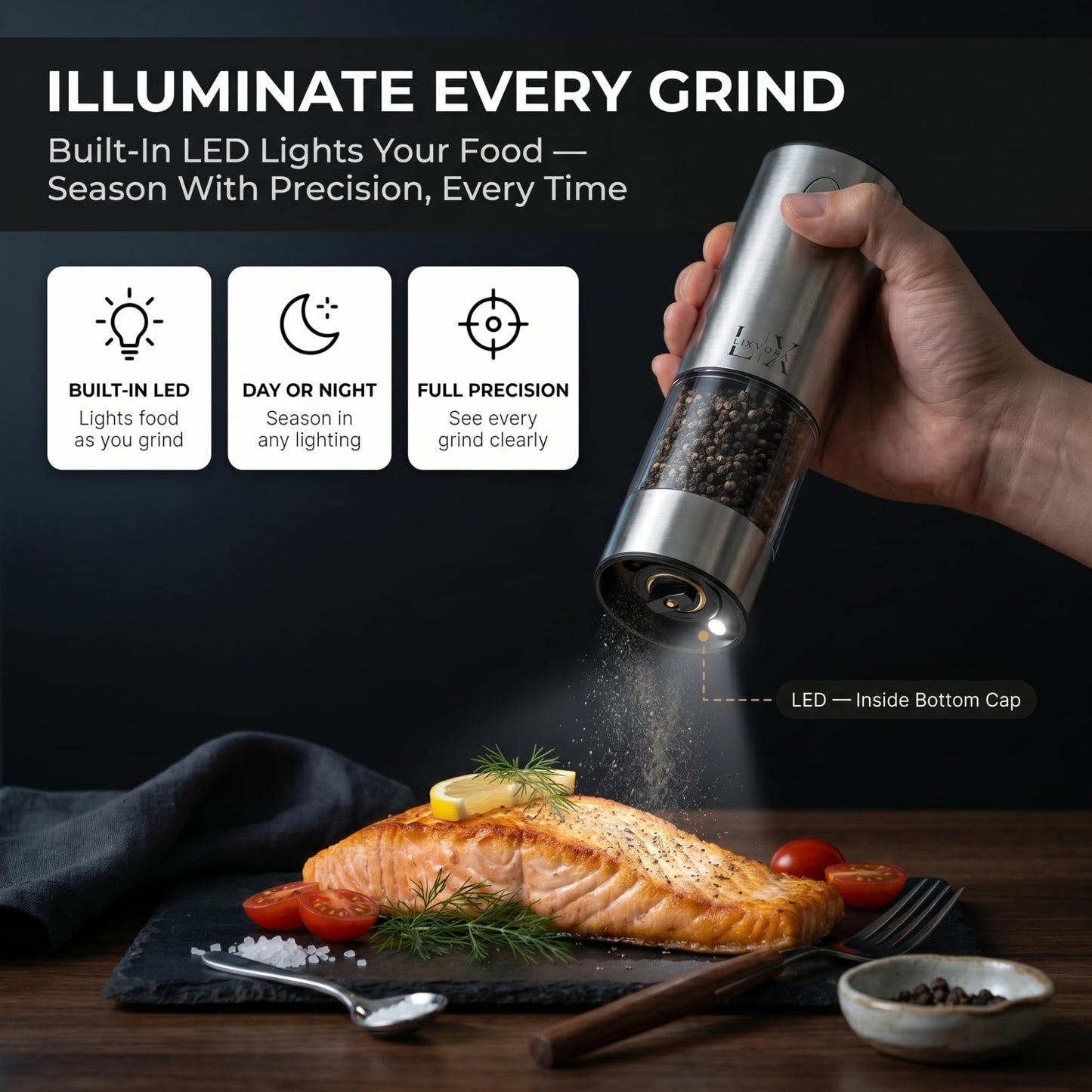LIXVORA Electric Salt and Pepper Grinder Set, Rechargeable Salt and Pepper Grinders, Stainless Steel Automatic Pepper Mill, Adjustable Coarseness, LED Light, One-Hand Operation for Kitchen & Dining
