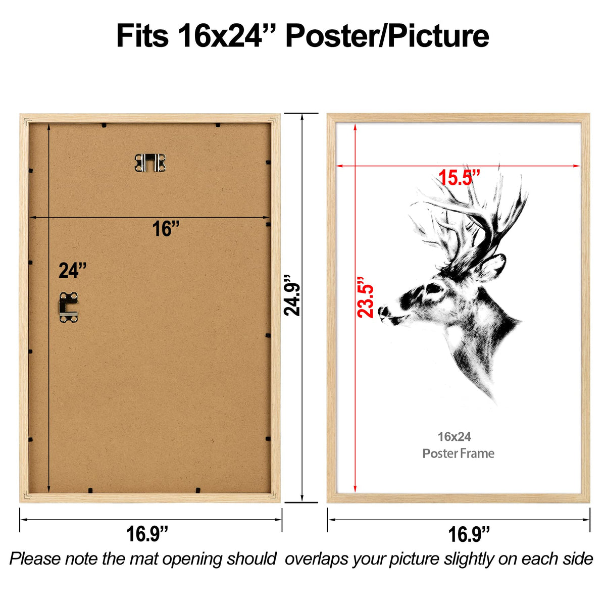 Yaetm 16x24 Picture Frames, Natural Solid Oak Wood Frame 16 x 24 inch, Ideal for Wall Gallery and Poster, Wall Mount (4 Pack, Oak)