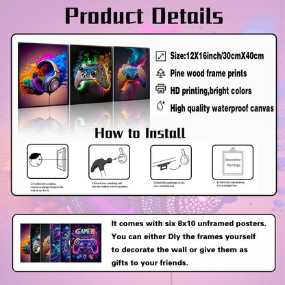 SEHSUVC Game Room Canvas Wall Art, 16x12inch 3-Piece set Wood Framed + 6 Pcs 8×10 Posters Prints, Neon Gaming Accessories Theme Gamer Wall Decor Gifts for Boys Youth Children Bedroom Home Decor