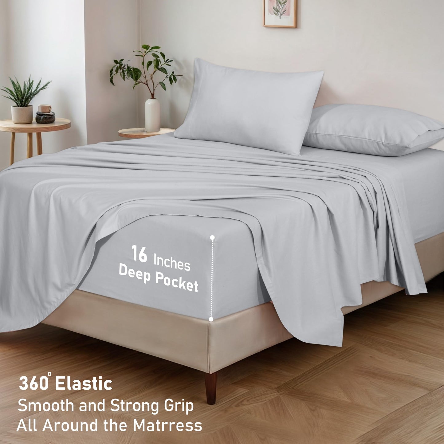 RUVANTI Flannel Sheets Queen Size - GOTS Certified 100% Organic Cotton, 4 Piece Warm, Soft & Breathable Set, Deep Pocket Snug Fit, Double Brushed Cozy All Season Bedding, Light Grey