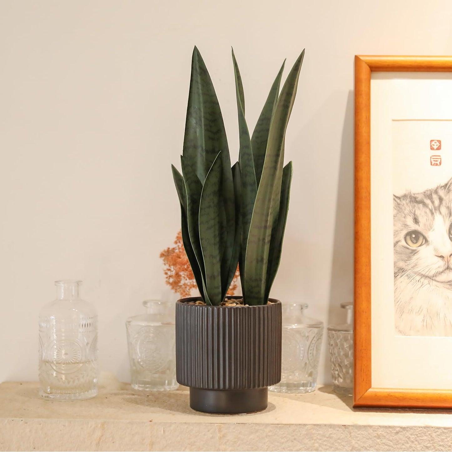 Chonsun Artificial Plants Sansevieria Snake Plant with Black Ceramic Pot Desk Small Fake Plant for Indoor Living Room Kitchen Bathroom Farmhouse Home Decor
