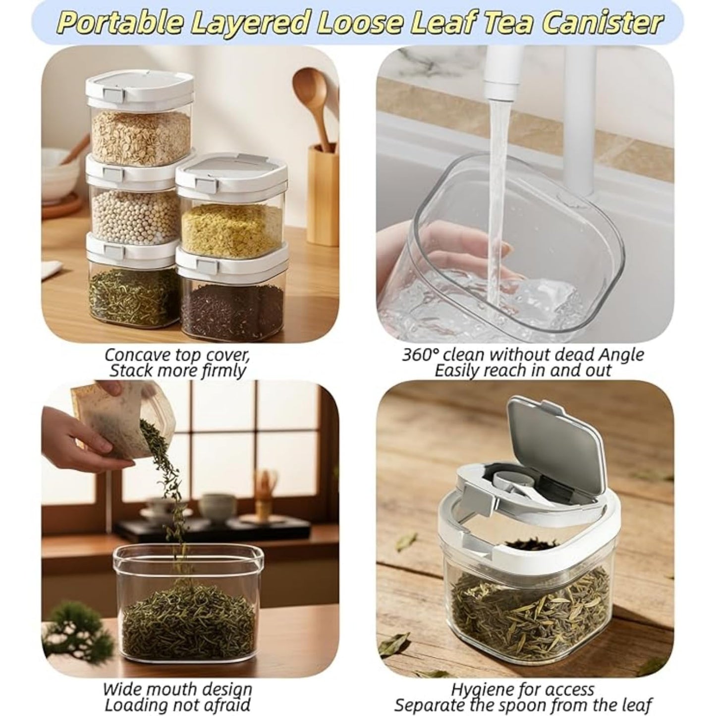 2-Pack 27oz Airtight Tea Canisters, Clear Loose Leaf Tea Storage Containers with Spoon, Wide-Mouth Kitchen Canisters for Loose Tea, Coffee, Sugar, Flour & Herbs, BPA Free Organizer for Pantry