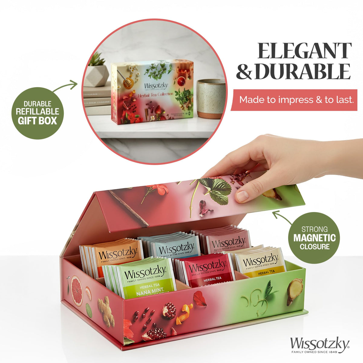Wissotzky Herbal Tea Variety Pack Sampler (42 Tea Bags) in a Premium Reusable Gift Box | Mothers Day Gift | Caffeine-Free | 6 Exciting Flavors | Individually Wrapped Tea Bags | Ideal Present for Holiday & Corporate Gifting | Magnetic Closure Box | Kosher