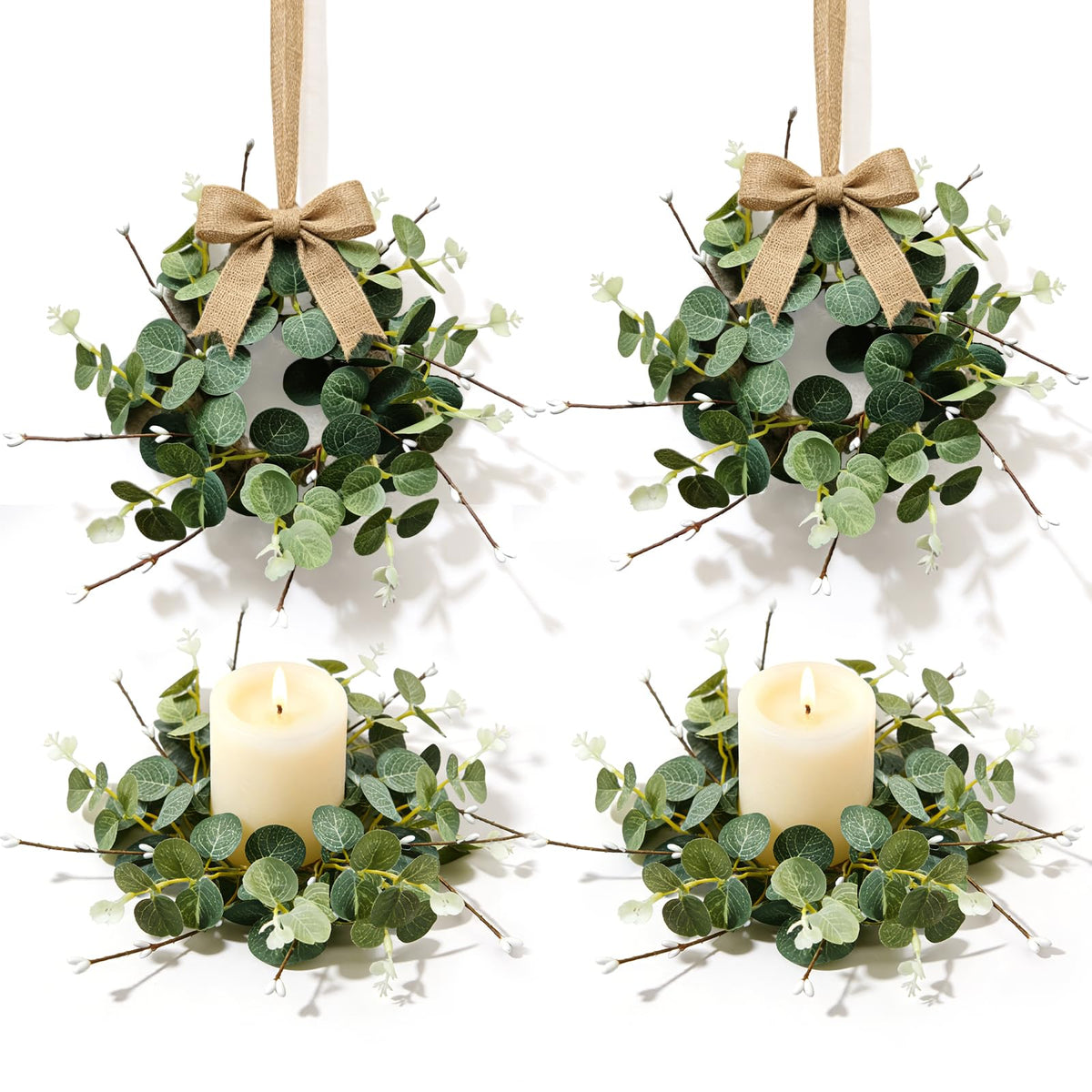 4 Pcs Small Spring Summer Candle Ring Wreaths with Artificial Eucalyptus Greenery White Buds Branches Mini Pillar Candle Holder Wreath for Home Table Centerpieces Kitchen Wedding Farmhouse Party Decor