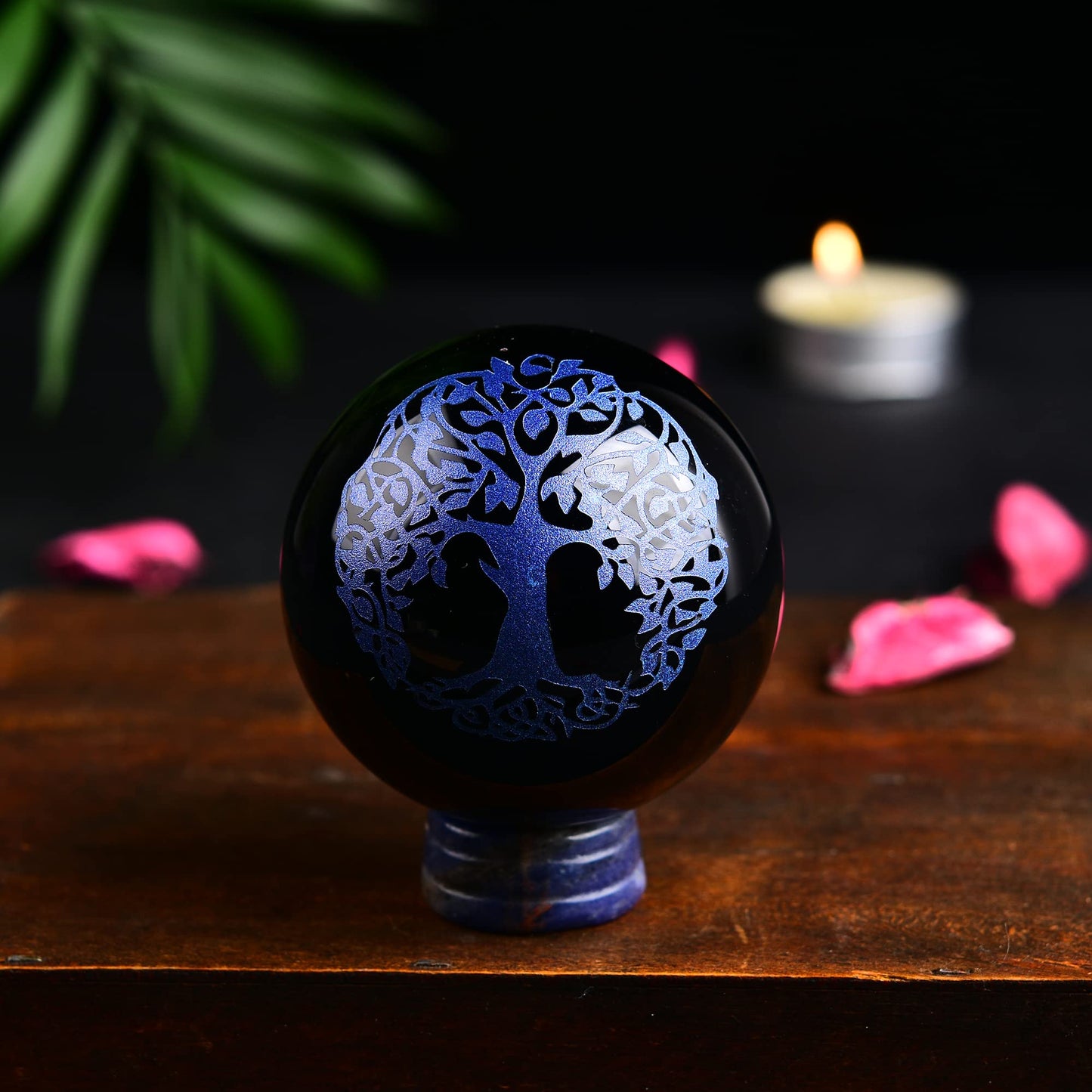 JIC Gem Small Black Obsidian Crystal Ball Sphere Carving Tree of Life with Blue Sodalite Decorative Stand for Meditation, Healing, Feng Shui (60mm / 2.2in)