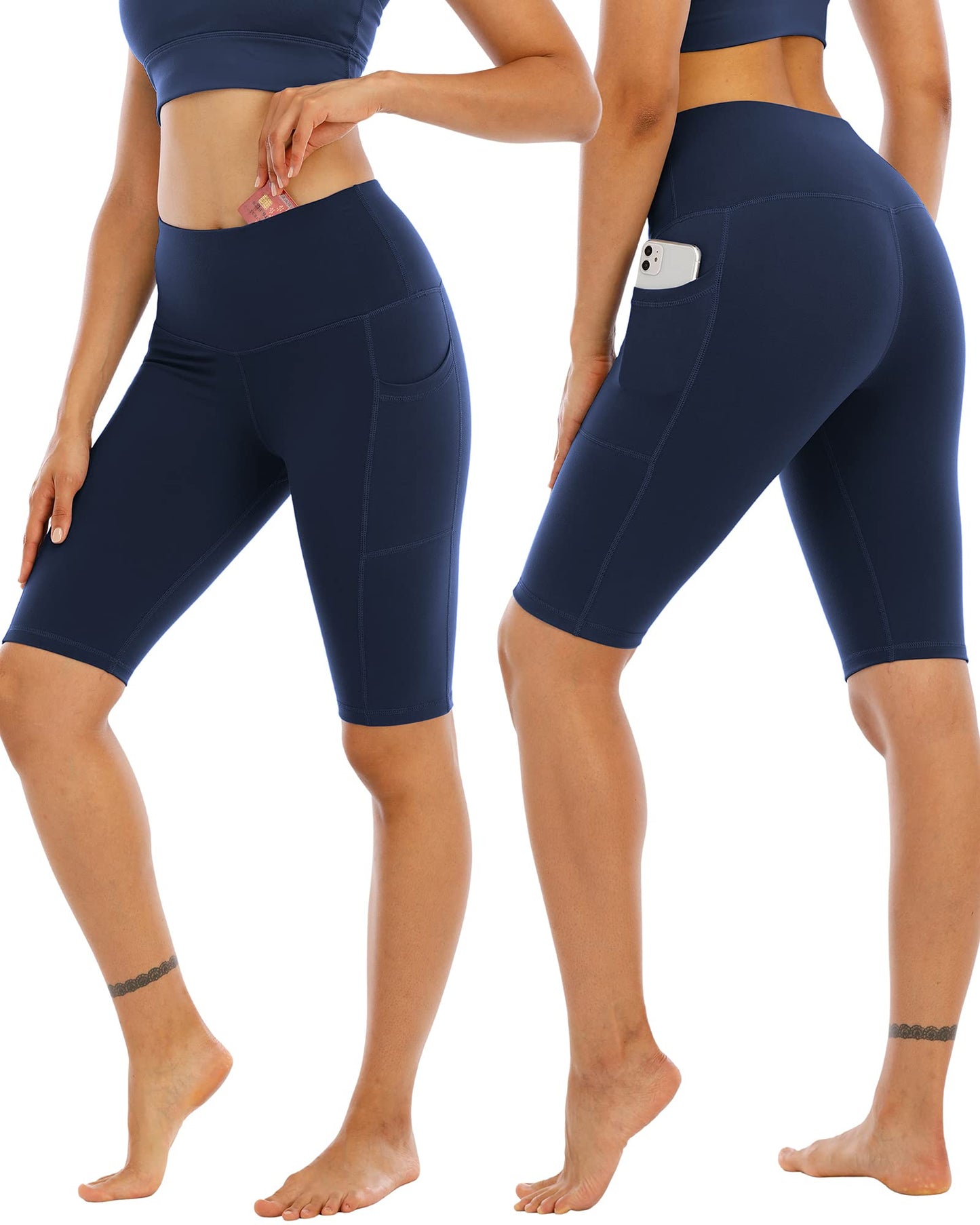 WHOUARE 4 Pack Biker Yoga Shorts with Pockets for Women,High Waisted Athletic Running Workout Gym Shorts Tummy Control,Black,Navy,Dark Gray,Burgundy,L