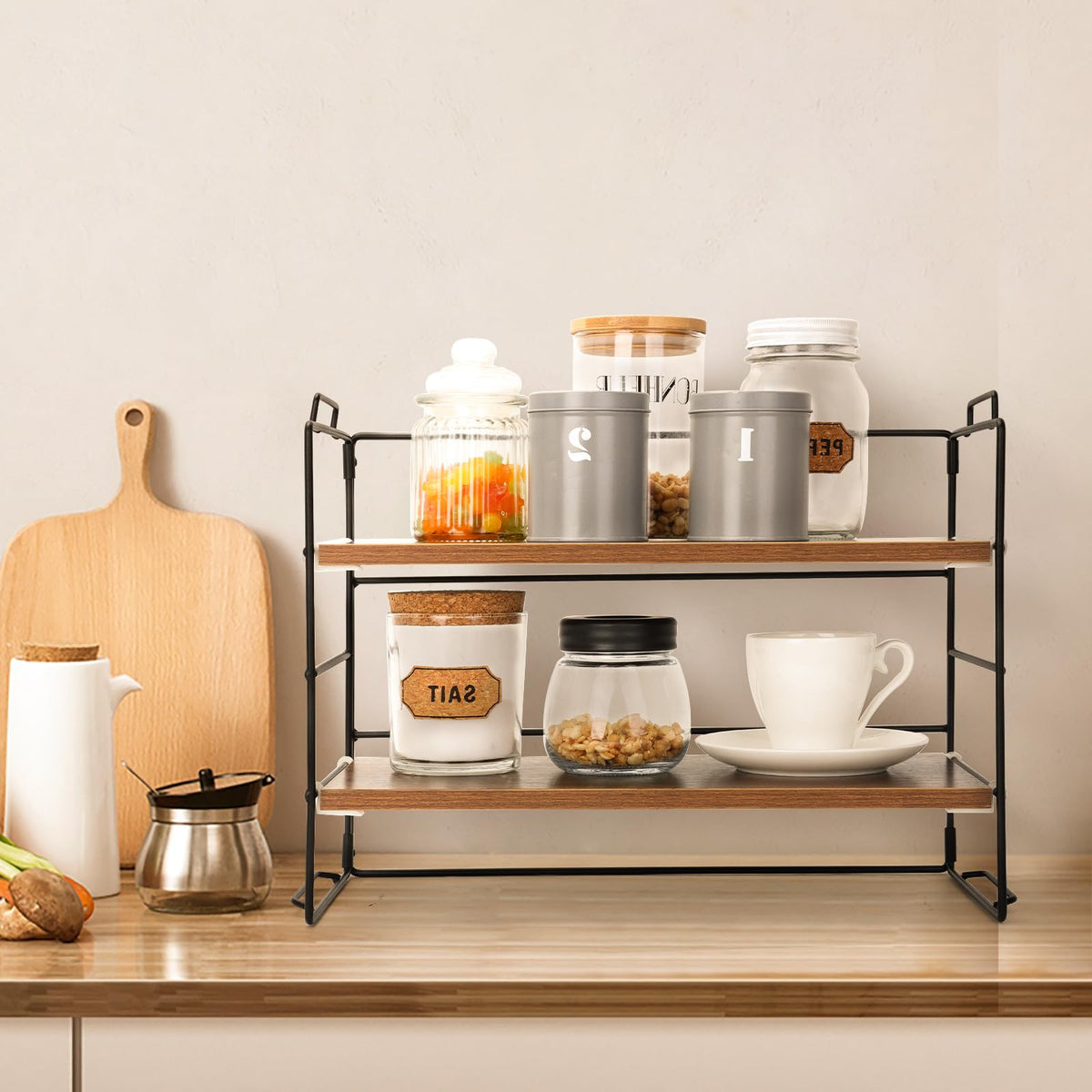 KATHY&BOB Wood Desk Shelf Organizer, 2-Tier Desktop Supplies Storage Rack, Adjustable Stackable Desk Shelf for Office, Kitchen, Bathroom, 15.75"*12.2"*7.87"