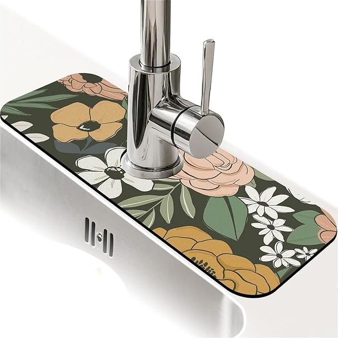 Kitchen Sink Splash Guard，Vintage Large Floral Faucet Mat Sink Gadgets-Super