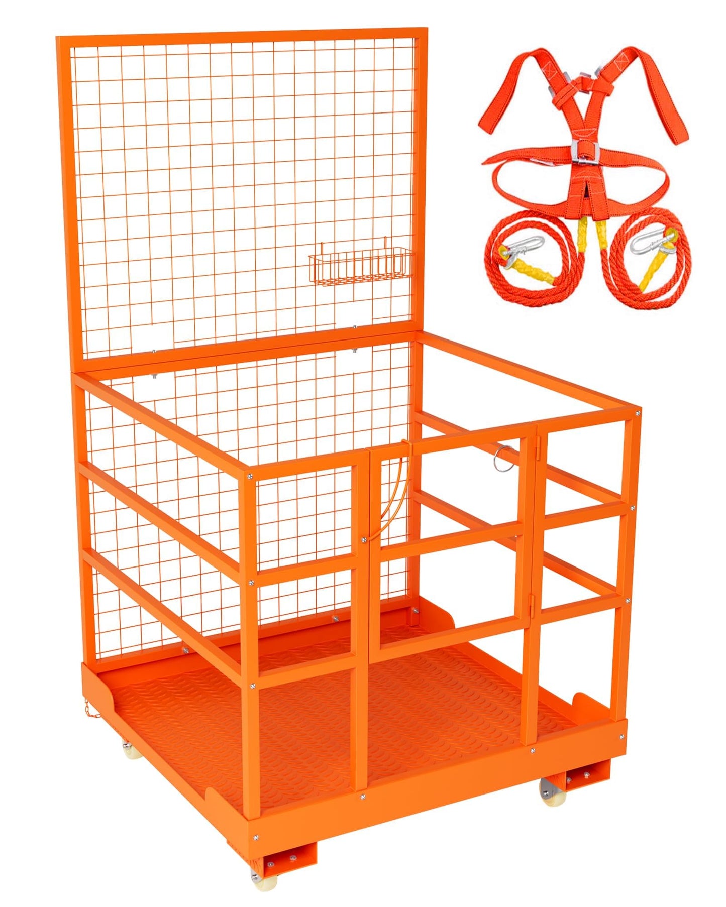 Heavy Duty 45"x43" Forklift Safety Cage, 1800 LBS Capacity Collapsible Forklift Man Basket, Galvanized Man Lift Work Platform with Wheels & Safety Harness, Aerial Forklift Cage for Warehouse