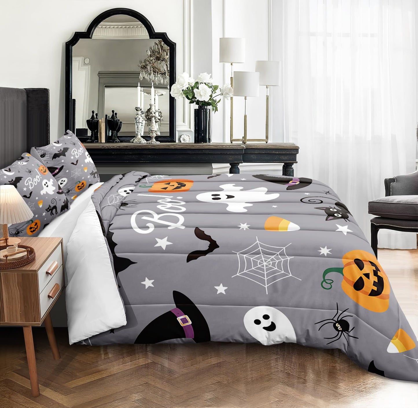 Merryword Halloween Bedding Comforter Set King Size Pumpkin Comforter Cute Pumpkin Ghost Pattern Cartoon Halloween Bedding Sets with 1 Cushion Cover (King, Cartoon)