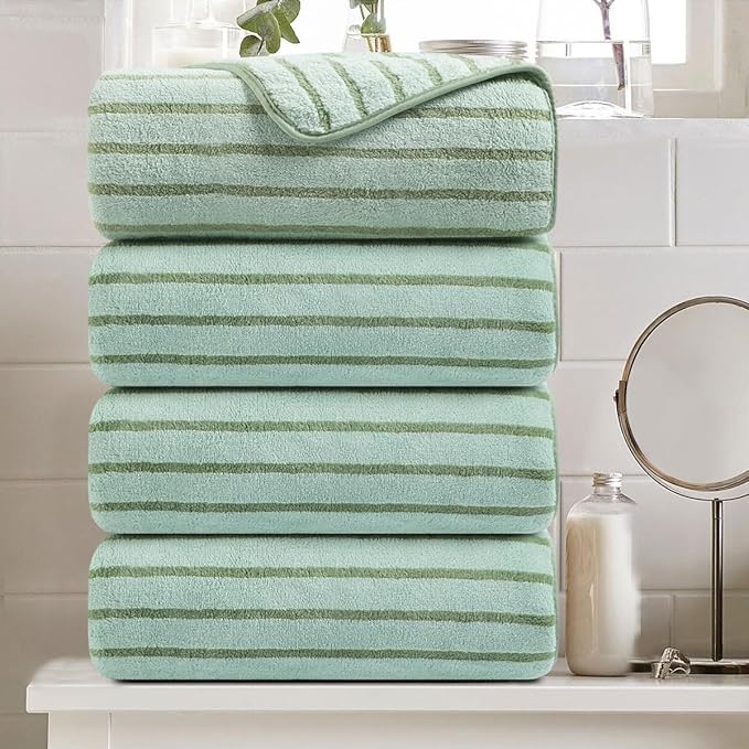 Oliven 4 Piece Green Cabana Stripe Large Bath Towels Oversized Bath Sheet Super